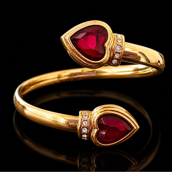 Vintage Jewelry - Vintage Gold Tone Heart Wrap Cuff Bracelet Red Acrylic Stones Open Bangle